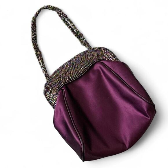 Vintage Y2K Deep Purple beaded evening bag with beaded handle and button closure - Picture 4 of 8